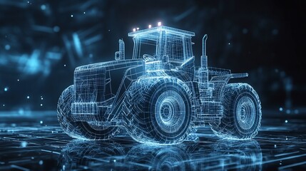 Wall Mural - Futuristic digital wireframe tractor model.