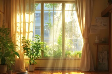 Poster - Sunlight streams through sheer curtains, illuminating plants.