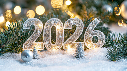 glittering 2026 holiday scene with frosted glass decorations and pine branches. concept of festive c