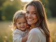 © AltisArt - Wesoła matka i córka uśmiechają się razem w słonecznej scenerii na świeżym powietrzu, symbolizując rodzinną miłość, szczęście i wspólnotę.