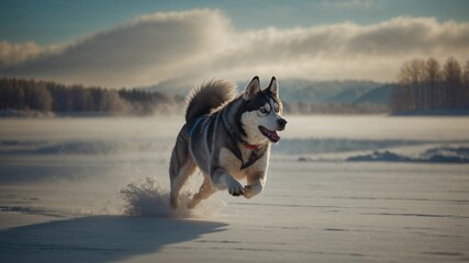 Husky dog running across a snowy landscape, enjoying the winter wonderland.