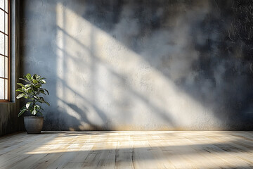 Wall Mural - stock photo features a minimalist background with an empty gray wall and a wooden beige floor, creat