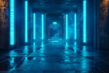 Sticker - A 3D rendering of a futuristic, sci-fi dark room with blue neon glowing line tubes on a grunge concrete floor, creating a reflective and atmospheric environment