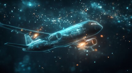 Wall Mural - Futuristic wireframe airplane in flight, glowing particles.