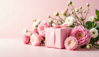 Wall Mural - 
romantic pink background with gift box and flowers