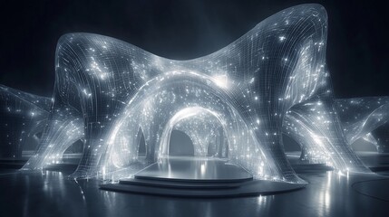 Wall Mural - Glowing futuristic architecture with arches and a stage.
