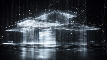 Wall Mural - Futuristic digital house model, glowing wireframe structure on dark background.