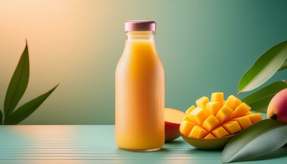 Canvas Print - Refreshing mango juice in a bottle, next to fresh mango slices. Tropical vibes!