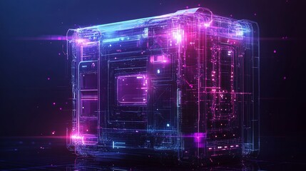 Wall Mural - Futuristic transparent cube with glowing internal circuitry.