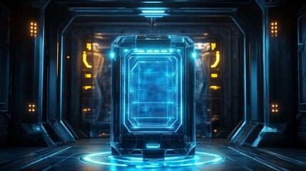 Wall Mural - Futuristic blue energy container in a dark sci-fi room.