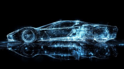 Wall Mural - Futuristic sports car digital wireframe model. (1)