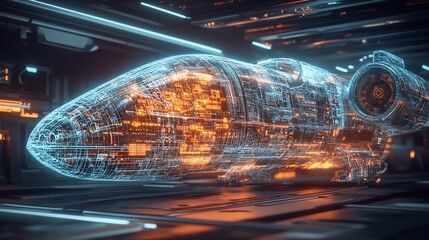 Wall Mural - Futuristic spaceship in hangar, digital wireframe.