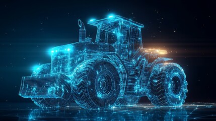 Wall Mural - Futuristic glowing digital tractor on dark background.