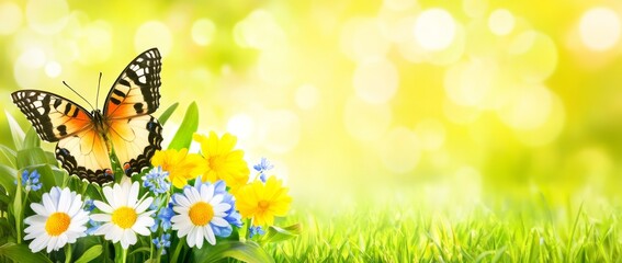 Poster - Beautiful wild flowers chamomile, purple wild peas, and a butterfly in the morning haze of nature captured in close-up macro. The landscape is wide format with extra space for copying, showcasing