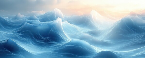 Poster - Serene Abstract Composition Soft Blue White Gradients Minimalist Calming Flowing Lines Ambient Light Depth Texture
