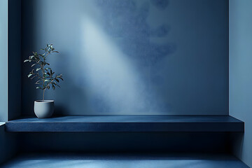 Wall Mural - a 3d blue background with an empty studio room and dark navy gallery shelf provides a minimalistic b