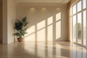 Wall Mural - a 3d rendering showcases a modern, empty living room with a beige wall in an apartment, highlighting