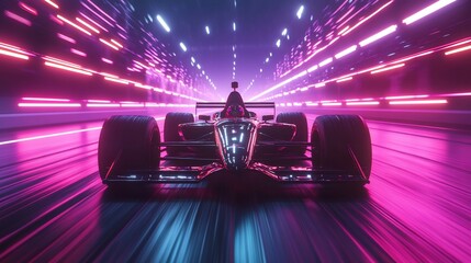Wall Mural - Fast race car speeding through neon-lit tunnel.