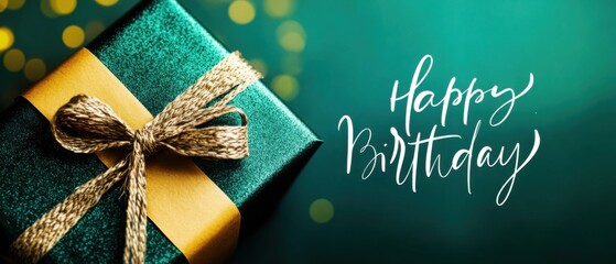Elegant Teal Gift Box with Gold Ribbon: Happy Birthday Celebration