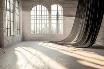 Wall Mural - Sunlit industrial loft interior with large windows and draped curtains