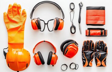 safety equipment displayed in a flat lay style on a white backdrop