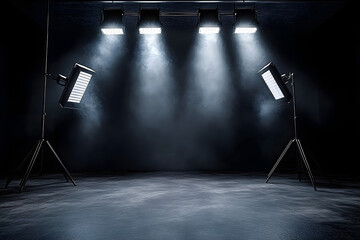 Wall Mural - black studio background illuminated by white lighting sets stage for professional stock photography