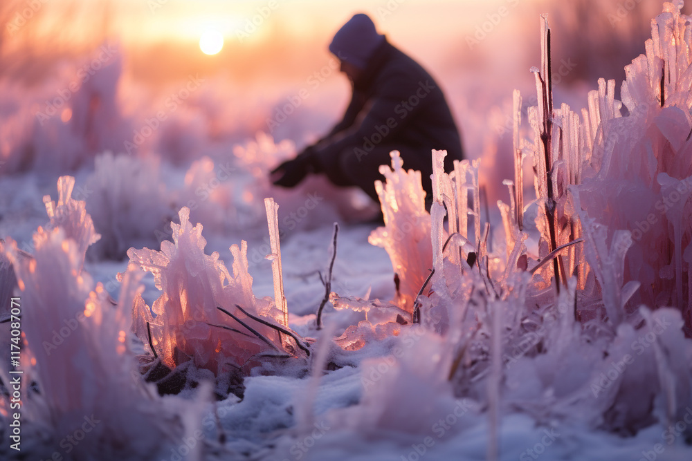 enchanting allure of a wintry dawn where fragile ice formations embrace ...