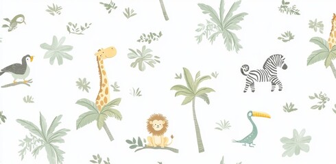 Naklejka na meble Cute safari animals and vegetation, isolated on white, for a modern nursery design with baby kids in mind