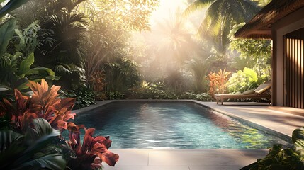 Wall Mural - A private swimming pool on the edge of a lush Bali jungle, surrounded by vibrant tropical plants and morning sunlight