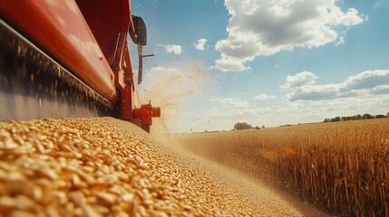 Wall Mural - Harvester unloading golden wheat grains into a pile.