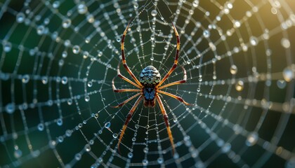 Intricate Spider Web with Dew Drops: Macro Photography of a Spider in its Web, 4K High Resolution Detail.  A captivating close-up revealing the intricate details of a spider and its web, glistening 