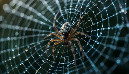 Intricate Spiderweb Macro: A 4K High-Detail Close-Up of a Spider Adorned with Dewdrops.  The detailed image showcases the spider's intricate pattern and the glistening web, creating a stunning visual 