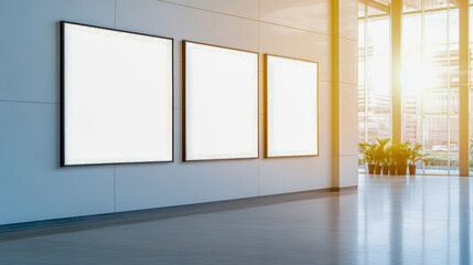 Poster - Modern gallery with sunlit blank frames in bright hallway