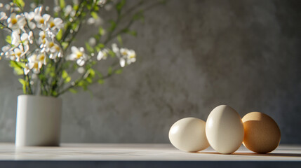 Wall Mural - Three eggs in sunlight with blossoming branch in vase on marble surface