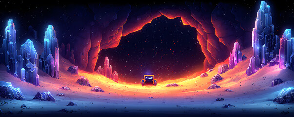 Wall Mural - a car is driving through a cave with a bright orange glow