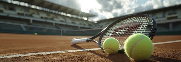 A close-up of two tennis rackets and balls lying on the tennis court