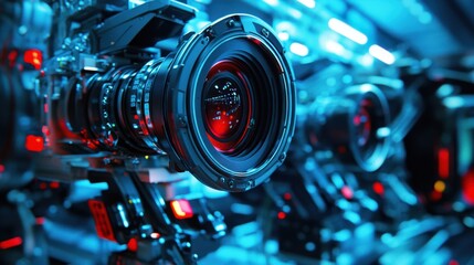 A row of advanced camera equipment on display in a professional studio, with sleek lighting design.