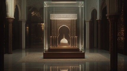 Intricate golden dome artifact displayed in a glass case within a grand, dimly lit Islamic-style hall.