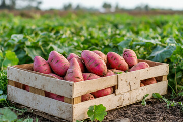 Canvas Print - Freshly harvested red potatoes in wooden crate on lush green farm field