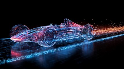 Wall Mural - Futuristic racing car, digital particles, motion blur, speed, technology.