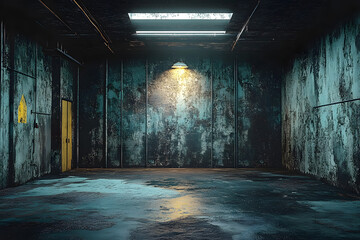 Wall Mural - a 3d-rendered dark, grungy industrial basement room with a low-key white light background texture pr