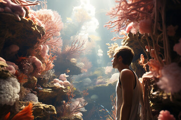 Wall Mural - coral reef landscape bursts with a kaleidoscope of life, where a symphony of interconnected species 