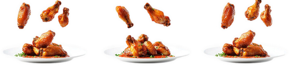 series of three plates showcasing chicken wings. with some wings appearing to be in mid-air above the plates the setup emphasizes the deliciousness and appeal of the wings. likely intended to entice v