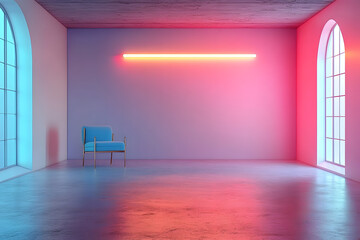 Wall Mural - a 3d-rendered empty pastel studio room with a neon tube on wall serves as background for stock photo