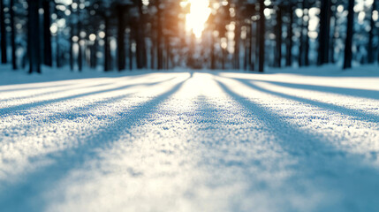 Wall Mural - Sunlit snow-covered forest path with long shadows at sunrise