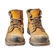 © PERFECTisME - a pair of worn. brown work boots with scuffed surfaces and laces. positioned symmetrically against a plain background. showcasing their rugged design and practical use in various labor-intensive envir