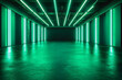 © Prasanth - An empty dark room with green fluorescent neon lights creates a stage-like atmosphere, perfect for a scene or night club party concept, with ample space for text or product display