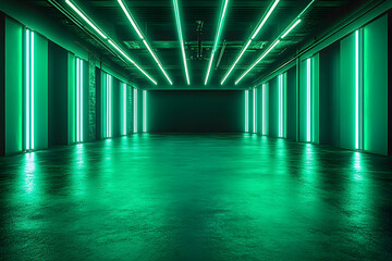 Wall Mural - an empty dark room with green fluorescent neon lights creates a stage-like atmosphere, perfect for a