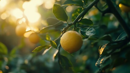 Wall Mural - Golden Hour Lemons: A Citrus Orchard bathed in Sunlight