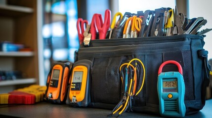 An electrician's tool bag with wires, pliers, and voltage meters placed neatly on a table.